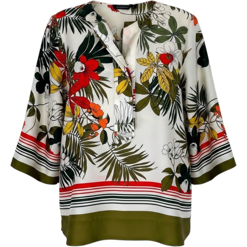 Zara Basic Tropical Floral Blouse Womens Medium White Red Green Striped Resort